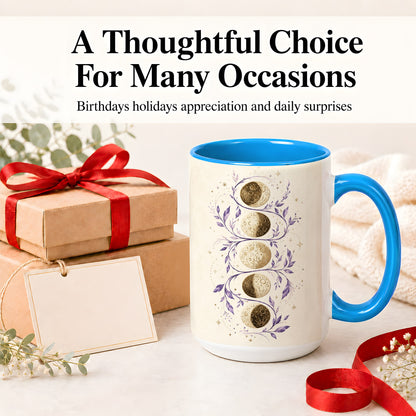 #pl[15oz|Blue] Moon Phase Botanical Ceramic Mug, Purple Celestial Art for Moon Fans