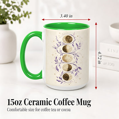 #pl[15oz|Green] Moon Phase Botanical Ceramic Mug, Purple Celestial Art for Moon Fans