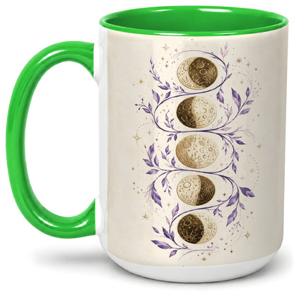 #pl[15oz|Green] Moon Phase Botanical Ceramic Mug, Purple Celestial Art for Moon Fans