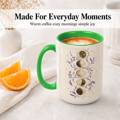 #pl[15oz|Green] Moon Phase Botanical Ceramic Mug, Purple Celestial Art for Moon Fans