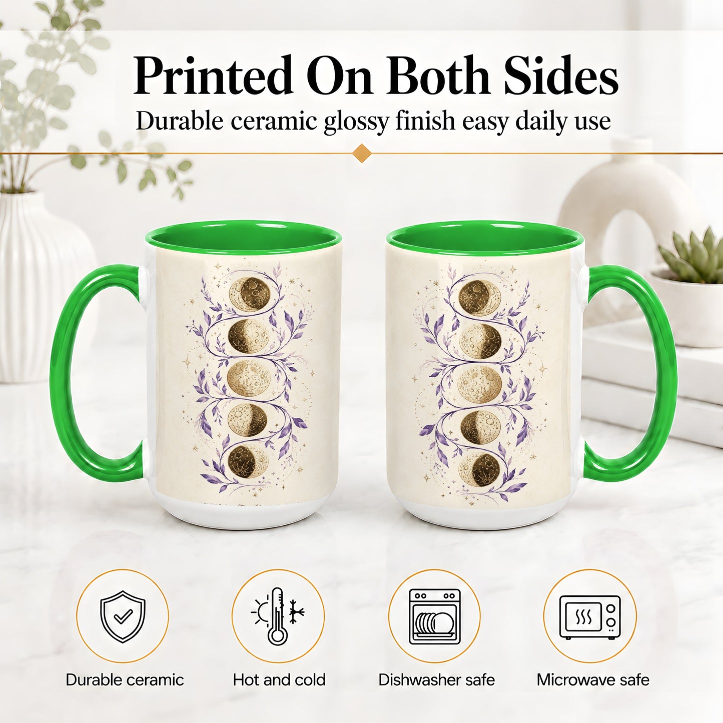 #pl[15oz|Green] Moon Phase Botanical Ceramic Mug, Purple Celestial Art for Moon Fans