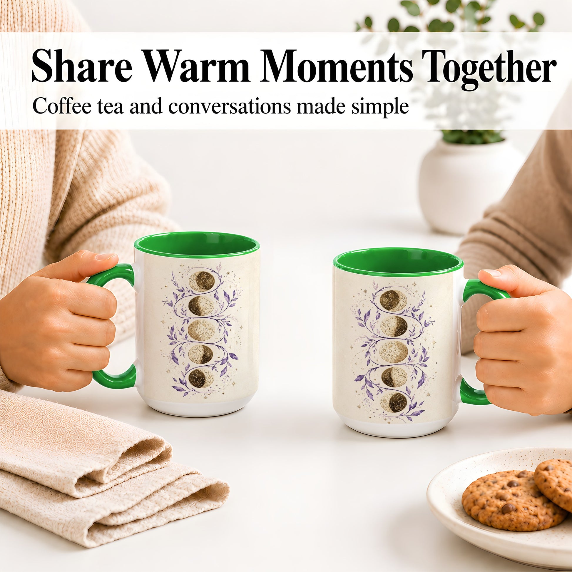 #pl[15oz|Green] Moon Phase Botanical Ceramic Mug, Purple Celestial Art for Moon Fans