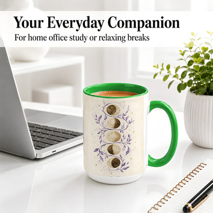#pl[15oz|Green] Moon Phase Botanical Ceramic Mug, Purple Celestial Art for Moon Fans