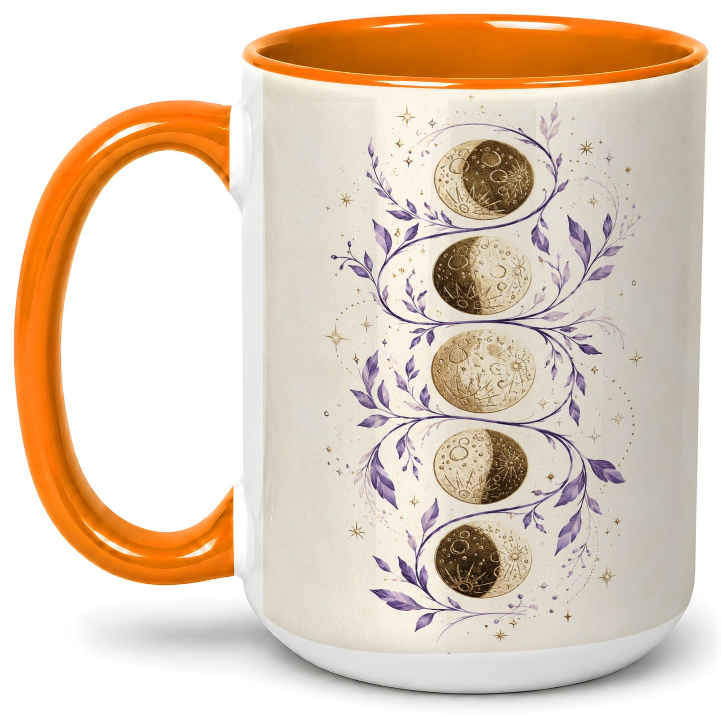#pl[15oz|Orange] Moon Phase Botanical Ceramic Mug, Purple Celestial Art for Moon Fans