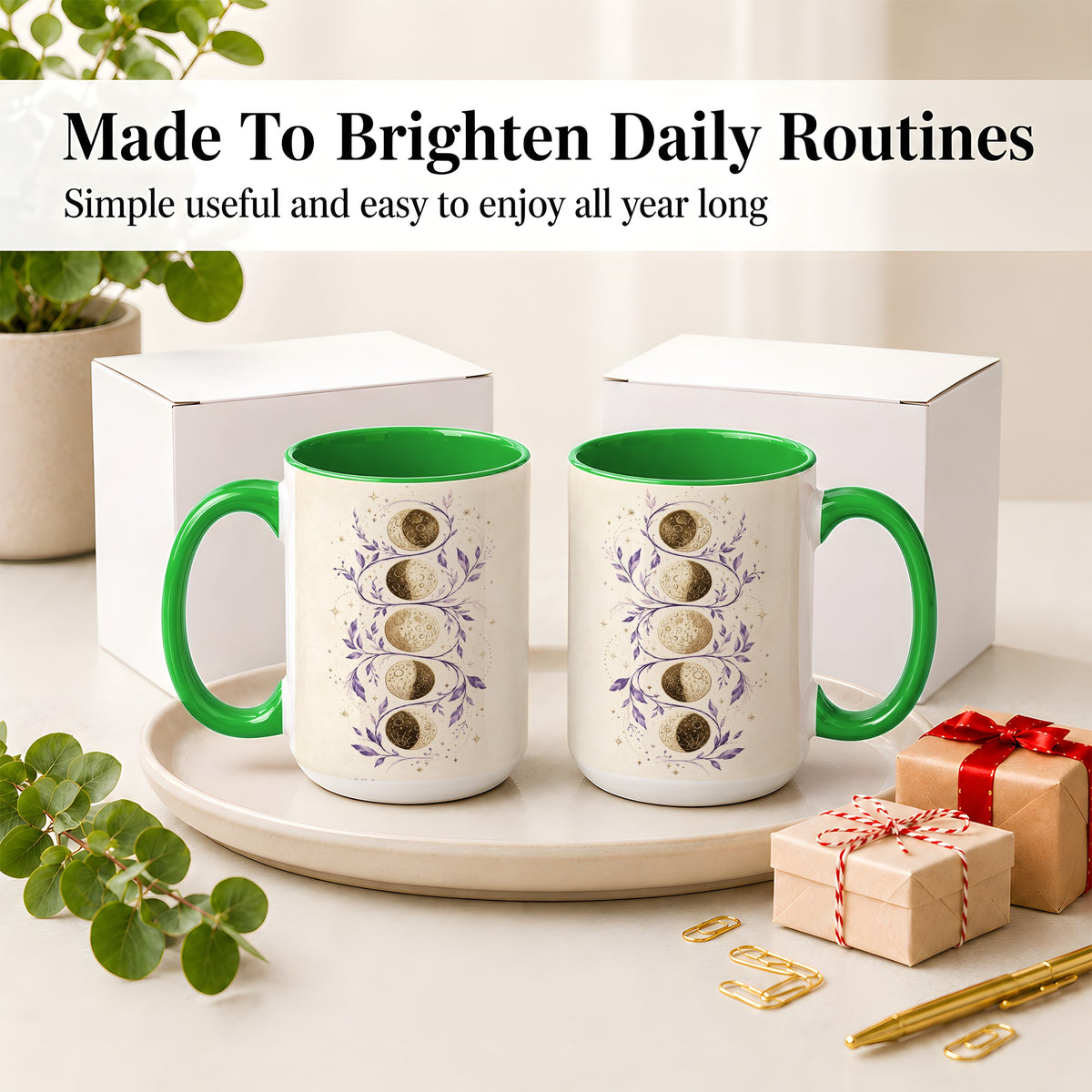 #pl[15oz|Green] Moon Phase Botanical Ceramic Mug, Purple Celestial Art for Moon Fans