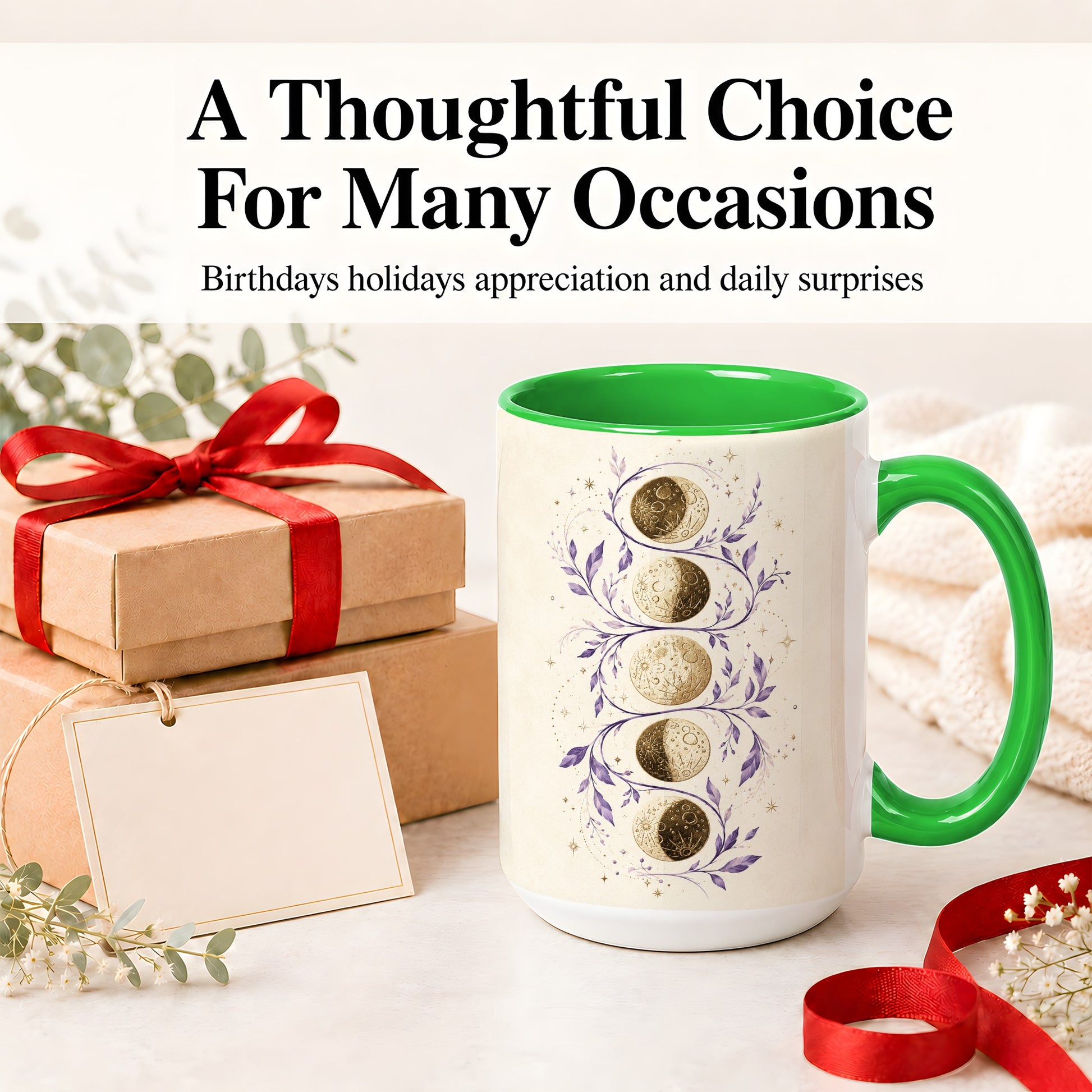#pl[15oz|Green] Moon Phase Botanical Ceramic Mug, Purple Celestial Art for Moon Fans