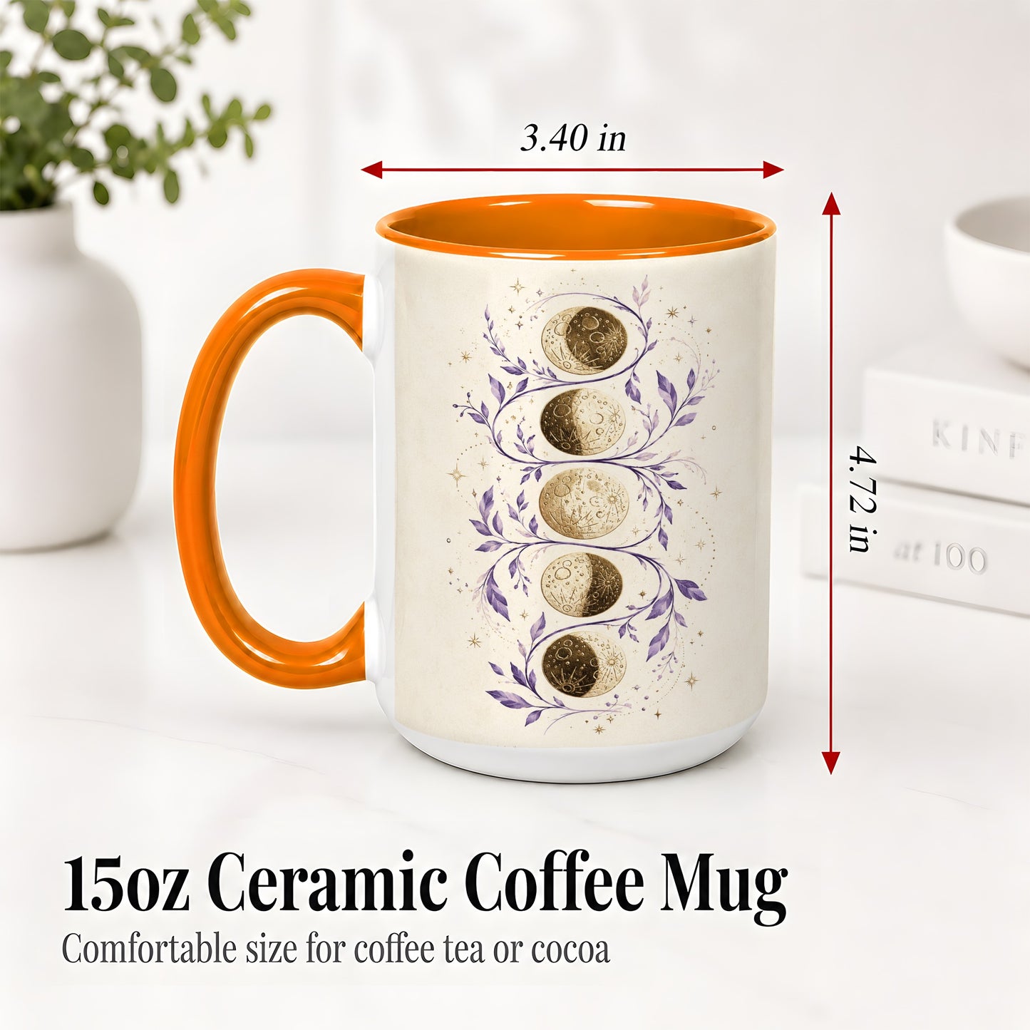 #pl[15oz|Orange] Moon Phase Botanical Ceramic Mug, Purple Celestial Art for Moon Fans