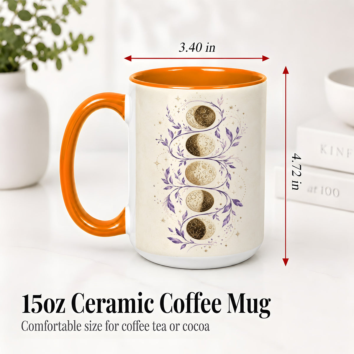 #pl[15oz|Orange] Moon Phase Botanical Ceramic Mug, Purple Celestial Art for Moon Fans