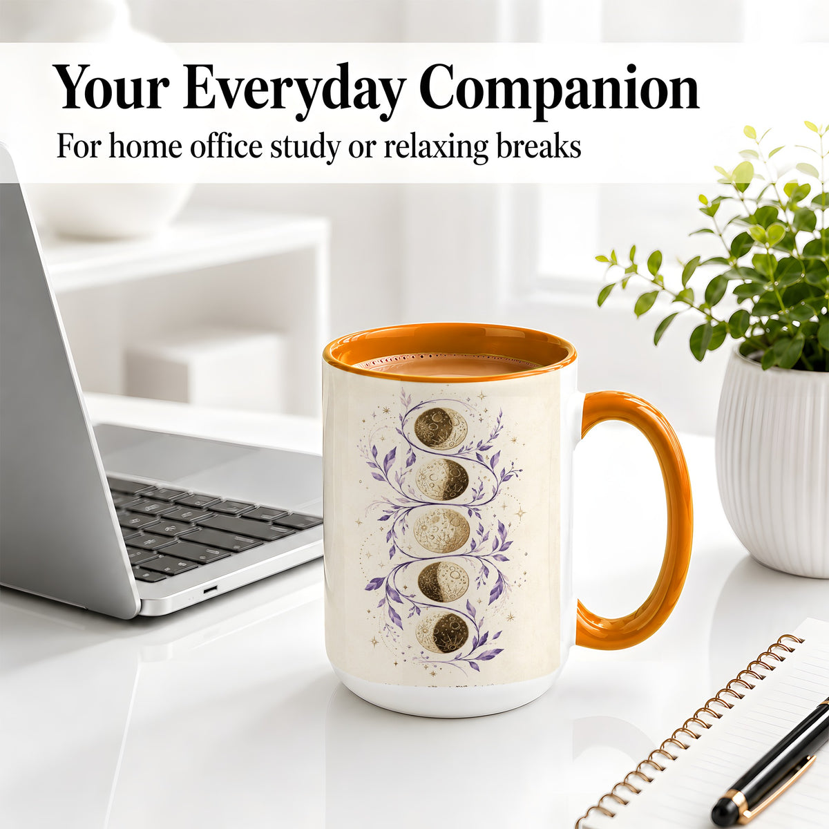 #pl[15oz|Orange] Moon Phase Botanical Ceramic Mug, Purple Celestial Art for Moon Fans
