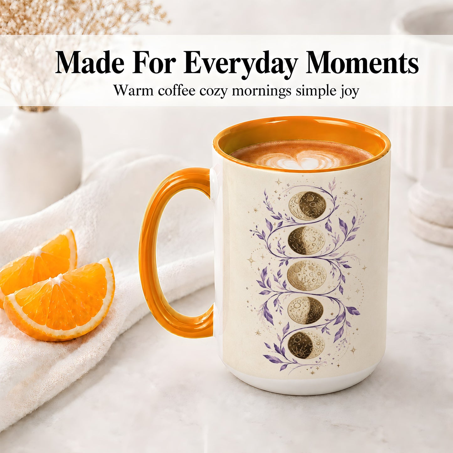 #pl[15oz|Orange] Moon Phase Botanical Ceramic Mug, Purple Celestial Art for Moon Fans