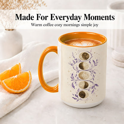 #pl[15oz|Orange] Moon Phase Botanical Ceramic Mug, Purple Celestial Art for Moon Fans