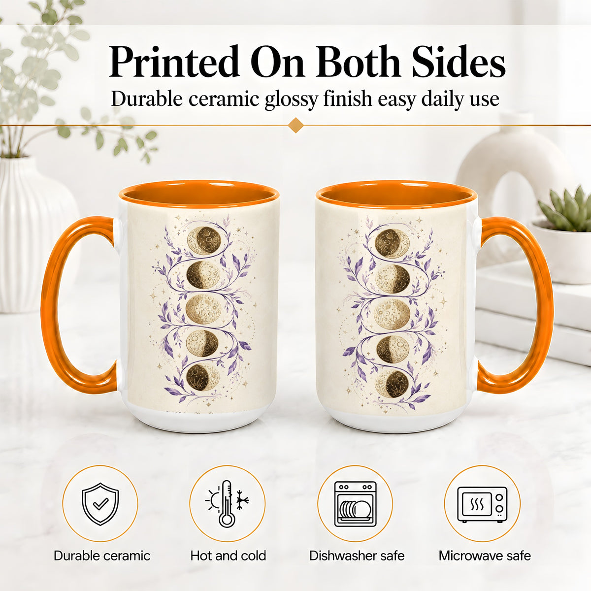 #pl[15oz|Orange] Moon Phase Botanical Ceramic Mug, Purple Celestial Art for Moon Fans