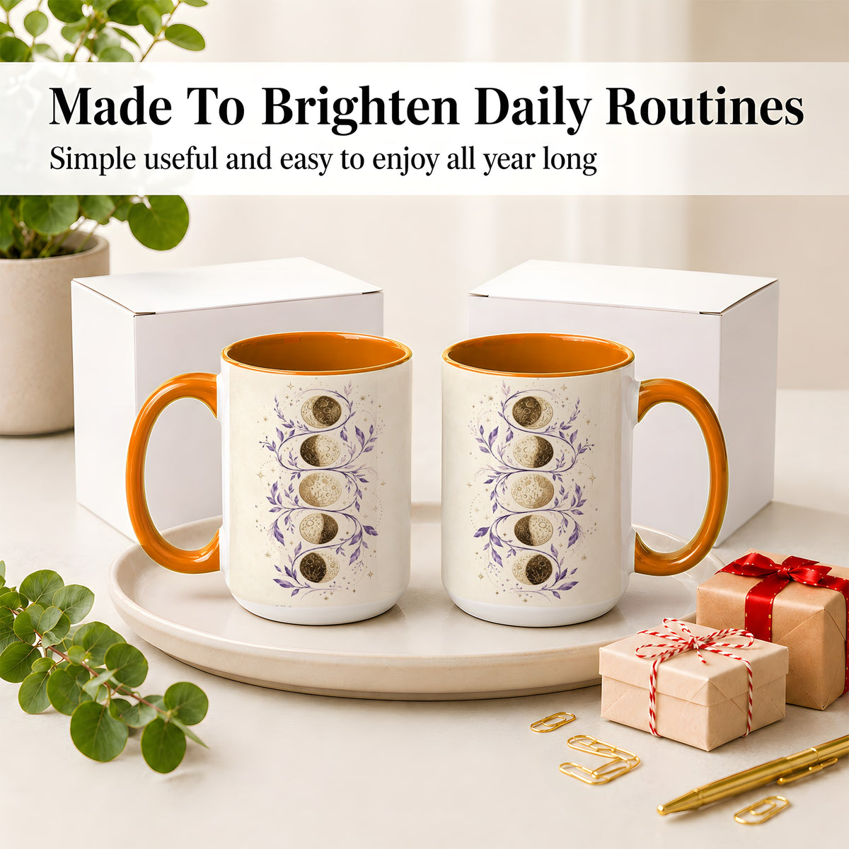 #pl[15oz|Orange] Moon Phase Botanical Ceramic Mug, Purple Celestial Art for Moon Fans