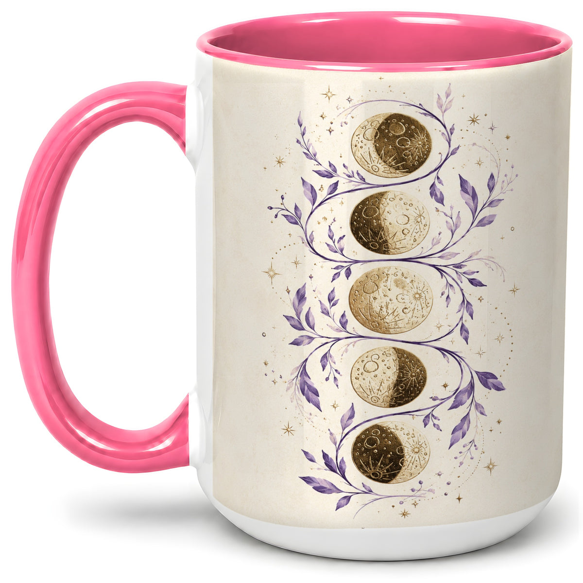 #pl[15oz|Pink] Moon Phase Botanical Ceramic Mug, Purple Celestial Art for Moon Fans