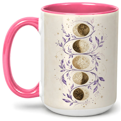 #pl[15oz|Pink] Moon Phase Botanical Ceramic Mug, Purple Celestial Art for Moon Fans