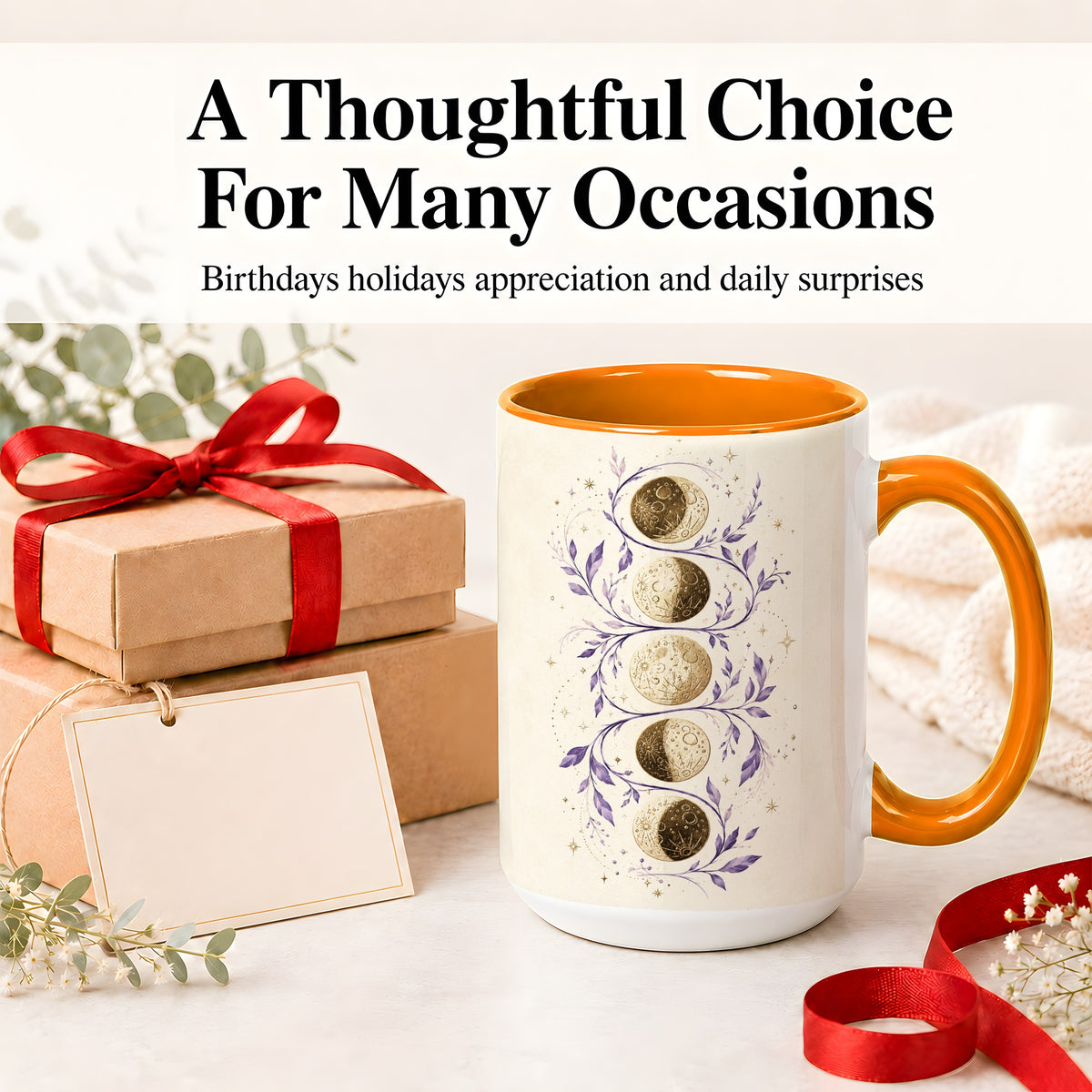 #pl[15oz|Orange] Moon Phase Botanical Ceramic Mug, Purple Celestial Art for Moon Fans
