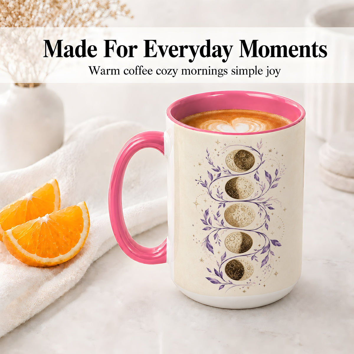 #pl[15oz|Pink] Moon Phase Botanical Ceramic Mug, Purple Celestial Art for Moon Fans