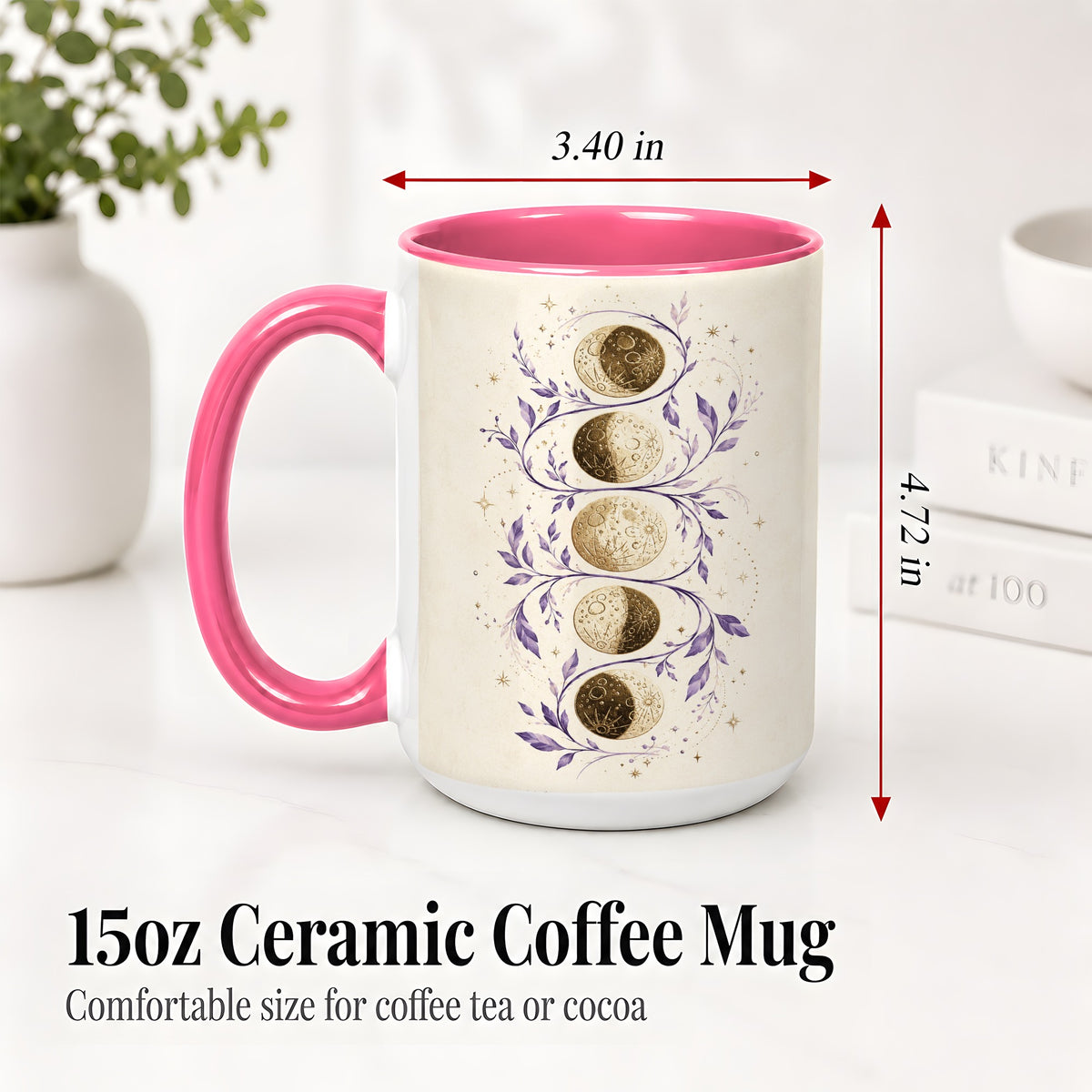 #pl[15oz|Pink] Moon Phase Botanical Ceramic Mug, Purple Celestial Art for Moon Fans