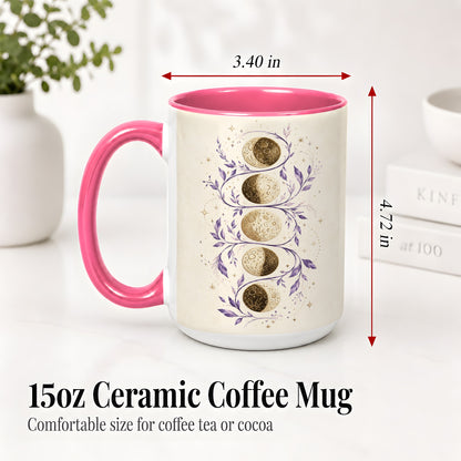 #pl[15oz|Pink] Moon Phase Botanical Ceramic Mug, Purple Celestial Art for Moon Fans