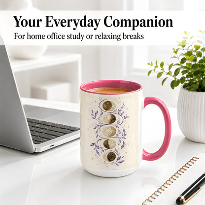 #pl[15oz|Pink] Moon Phase Botanical Ceramic Mug, Purple Celestial Art for Moon Fans