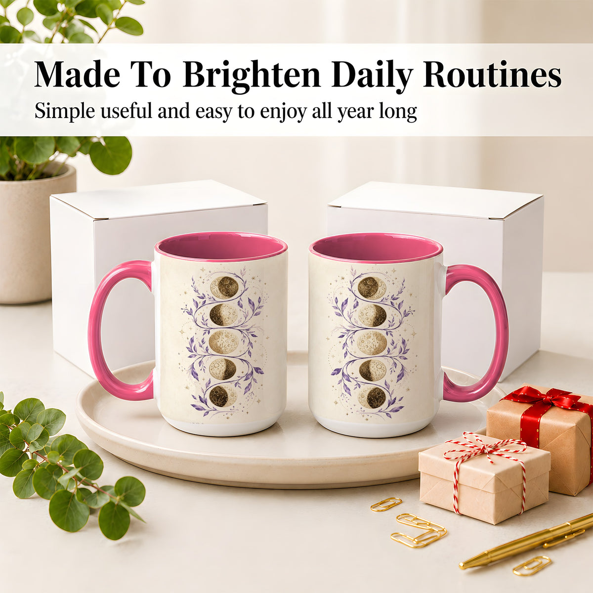 #pl[15oz|Pink] Moon Phase Botanical Ceramic Mug, Purple Celestial Art for Moon Fans