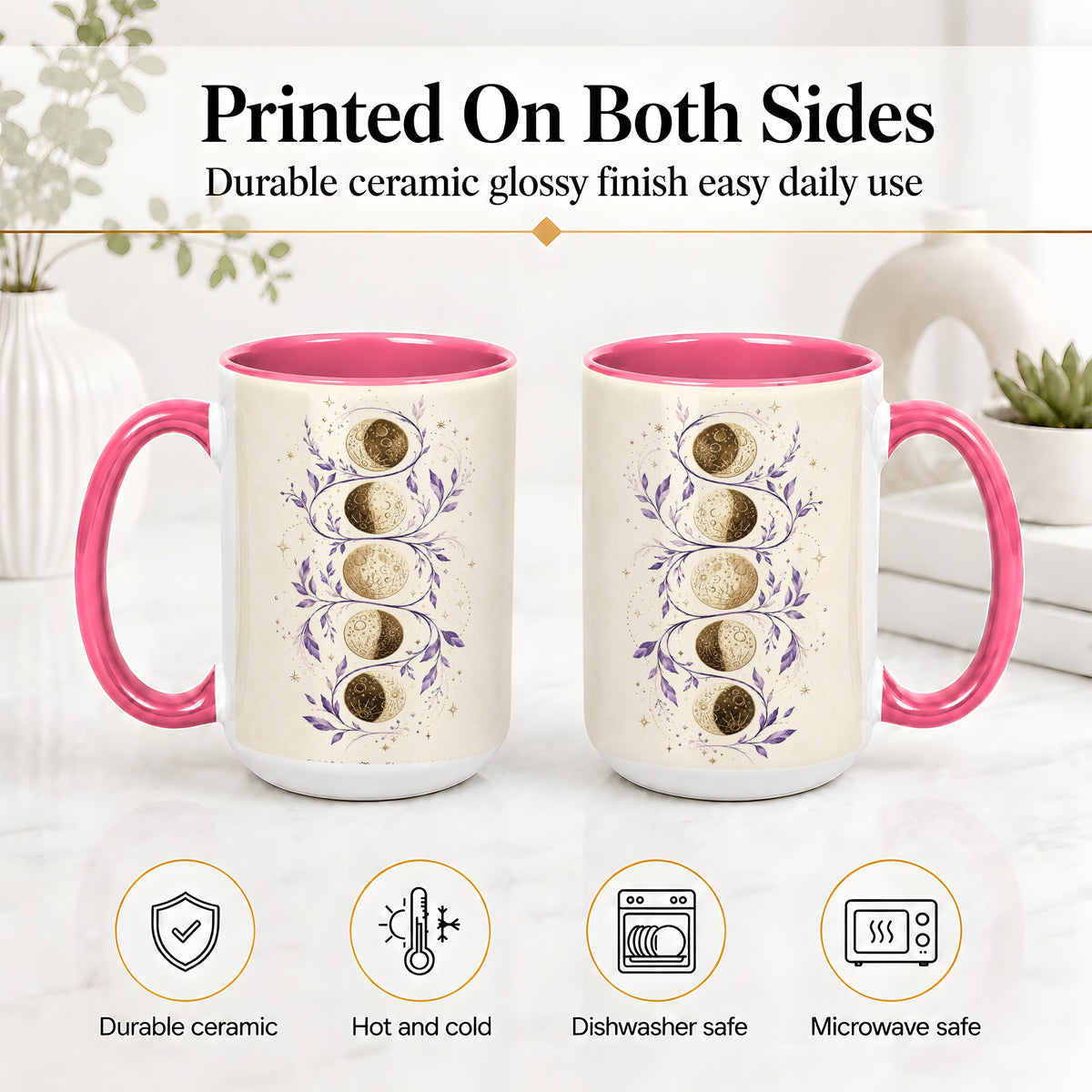 #pl[15oz|Pink] Moon Phase Botanical Ceramic Mug, Purple Celestial Art for Moon Fans