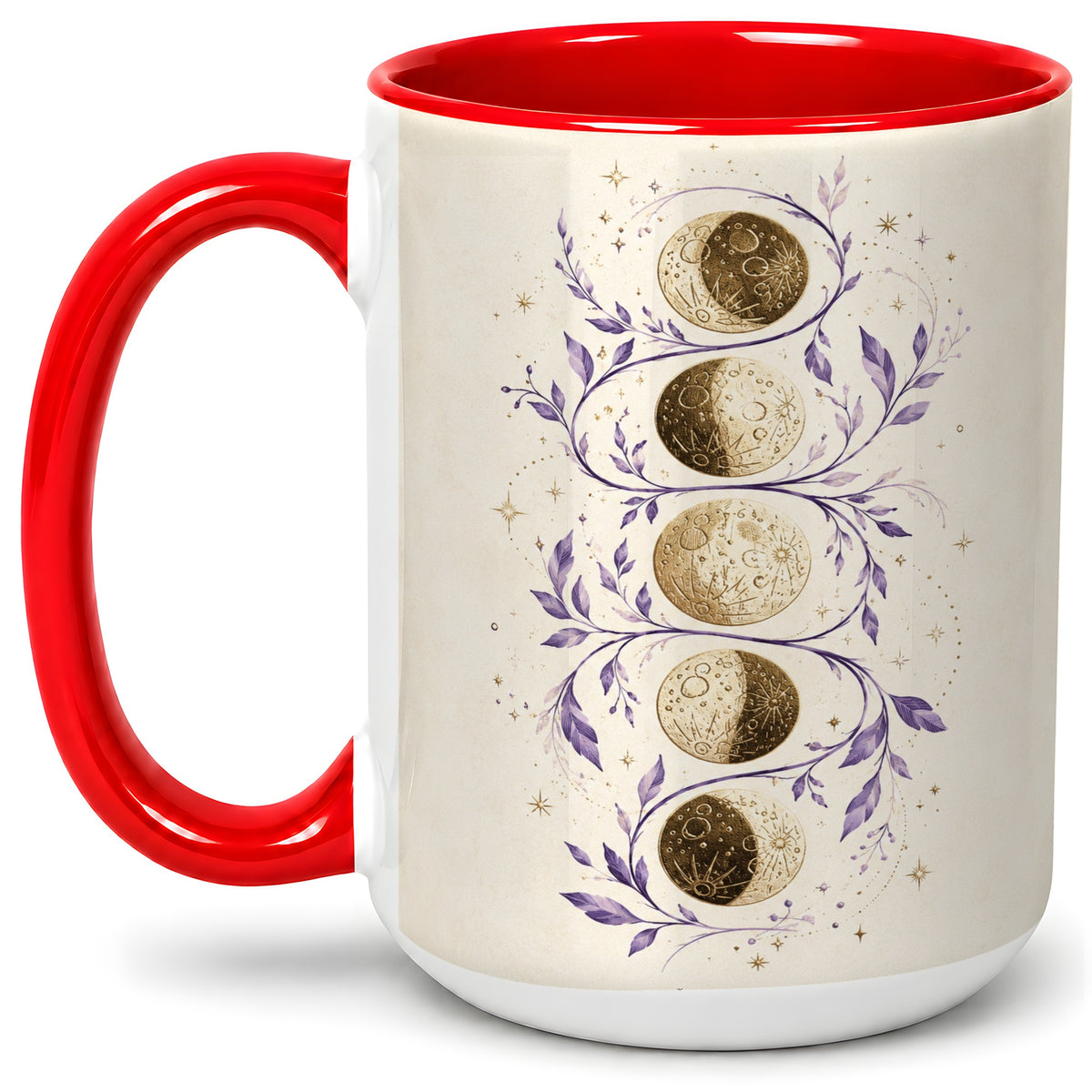 #pl[15oz|Red] Moon Phase Botanical Ceramic Mug, Purple Celestial Art for Moon Fans