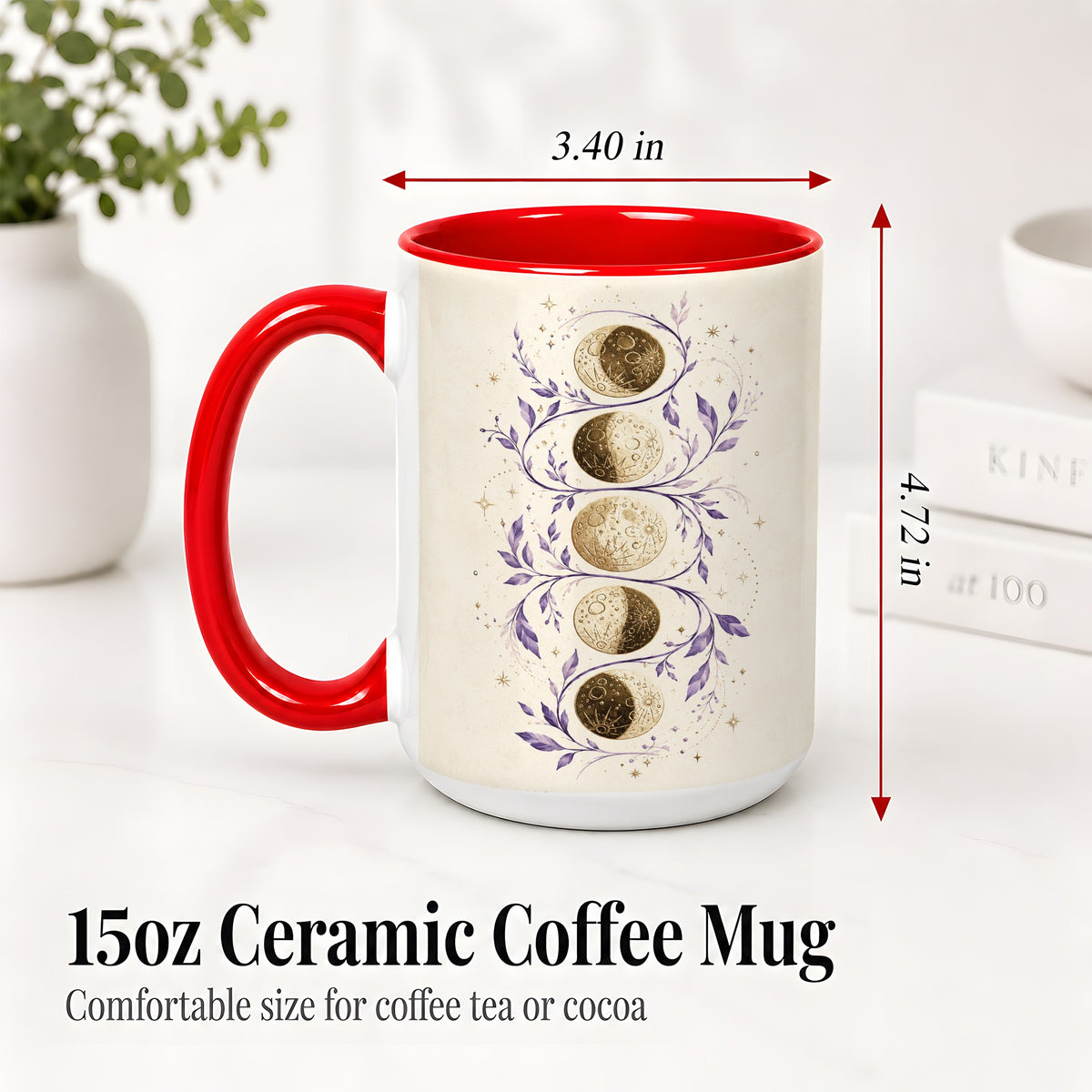 #pl[15oz|Red] Moon Phase Botanical Ceramic Mug, Purple Celestial Art for Moon Fans