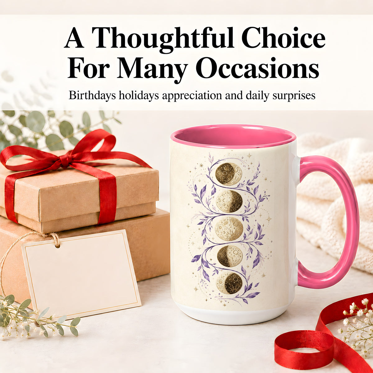 #pl[15oz|Pink] Moon Phase Botanical Ceramic Mug, Purple Celestial Art for Moon Fans