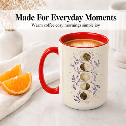 #pl[15oz|Red] Moon Phase Botanical Ceramic Mug, Purple Celestial Art for Moon Fans