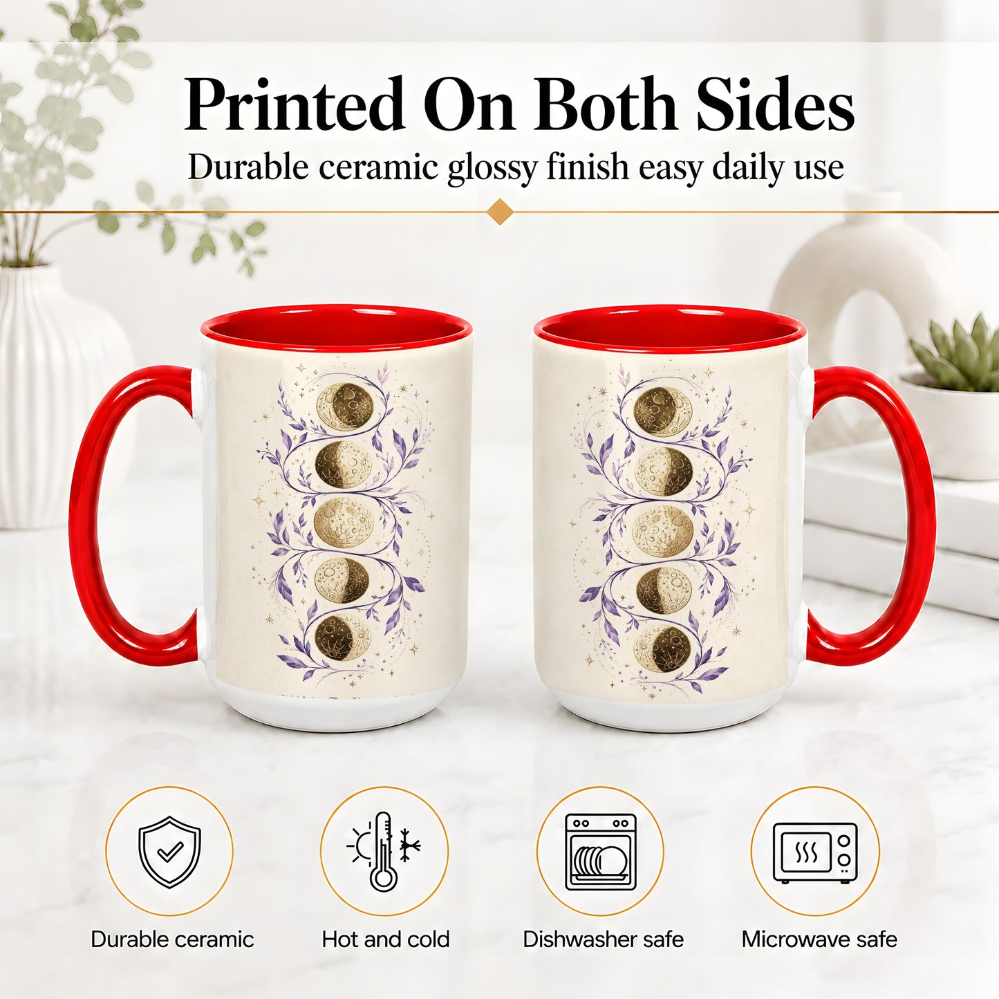 #pl[15oz|Red] Moon Phase Botanical Ceramic Mug, Purple Celestial Art for Moon Fans