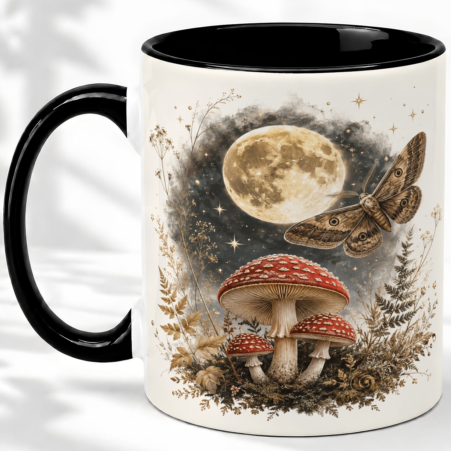 #pl[11oz|Black] Moon Moth Mushroom Ceramic Mug, Dark Botanical Art for Nature Fans