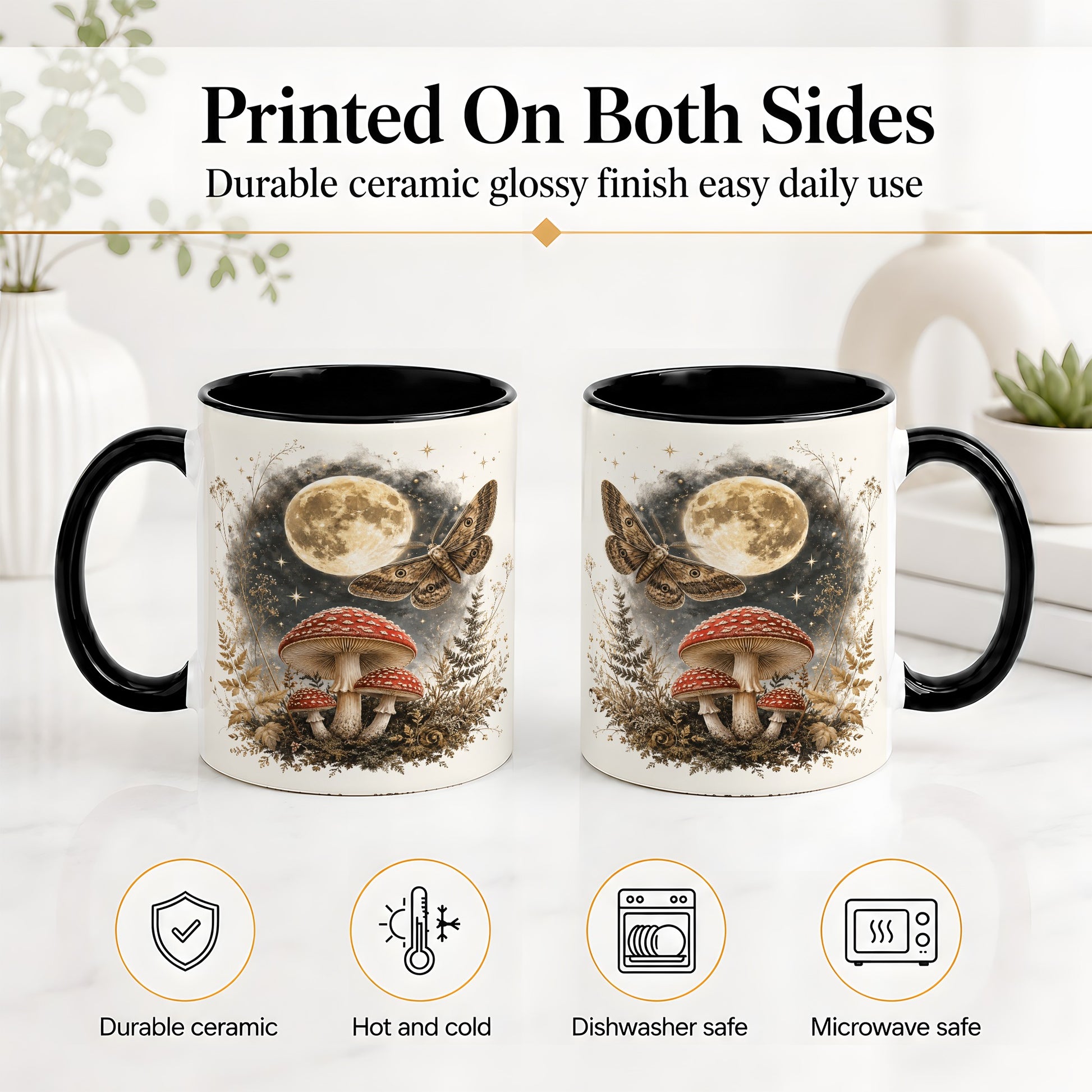 #pl[11oz|Black] Moon Moth Mushroom Ceramic Mug, Dark Botanical Art for Nature Fans
