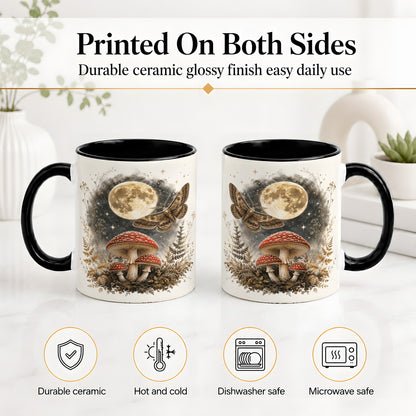 #pl[11oz|Black] Moon Moth Mushroom Ceramic Mug, Dark Botanical Art for Nature Fans