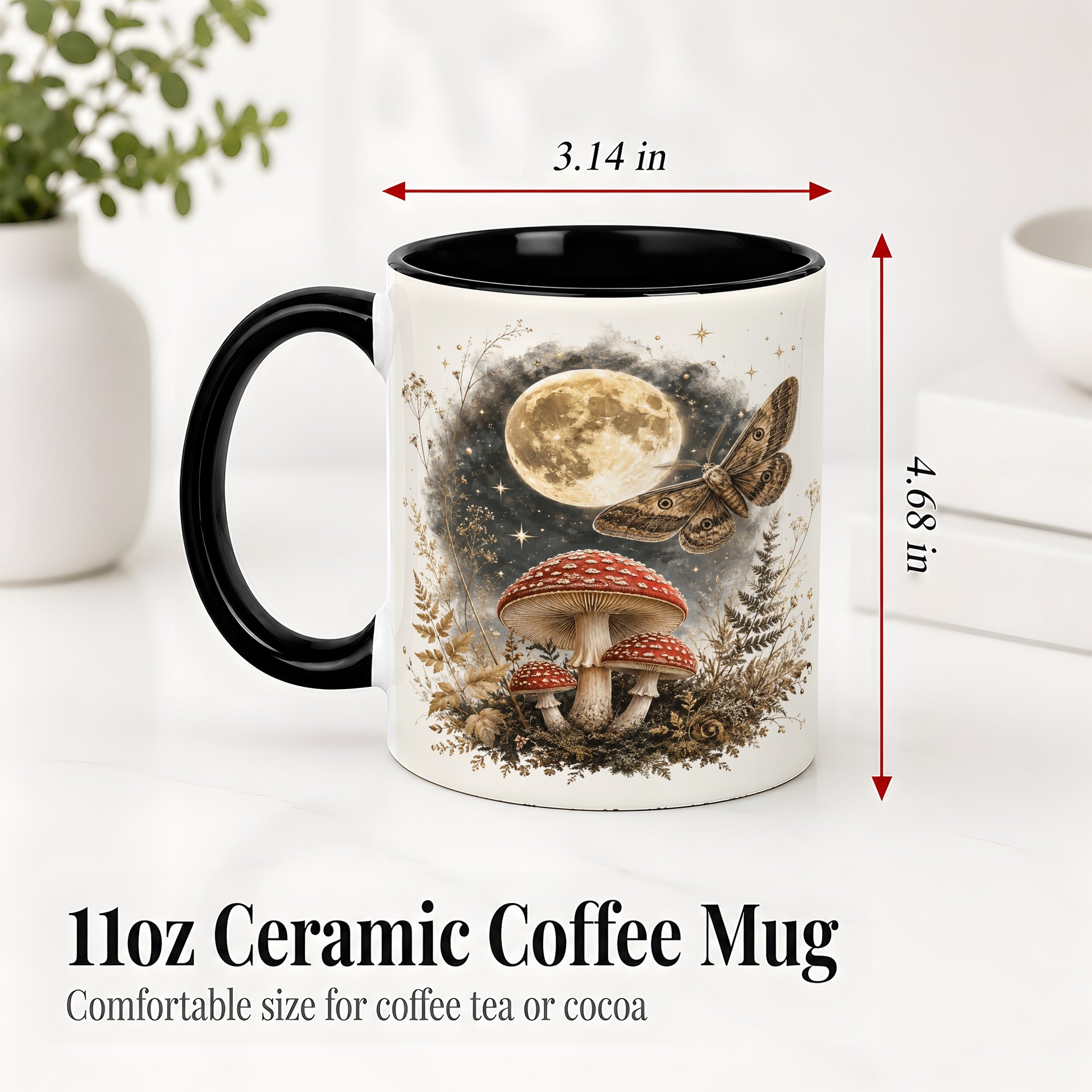 #pl[11oz|Black] Moon Moth Mushroom Ceramic Mug, Dark Botanical Art for Nature Fans