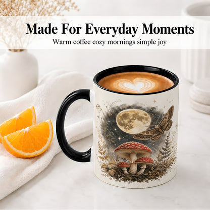 #pl[11oz|Black] Moon Moth Mushroom Ceramic Mug, Dark Botanical Art for Nature Fans