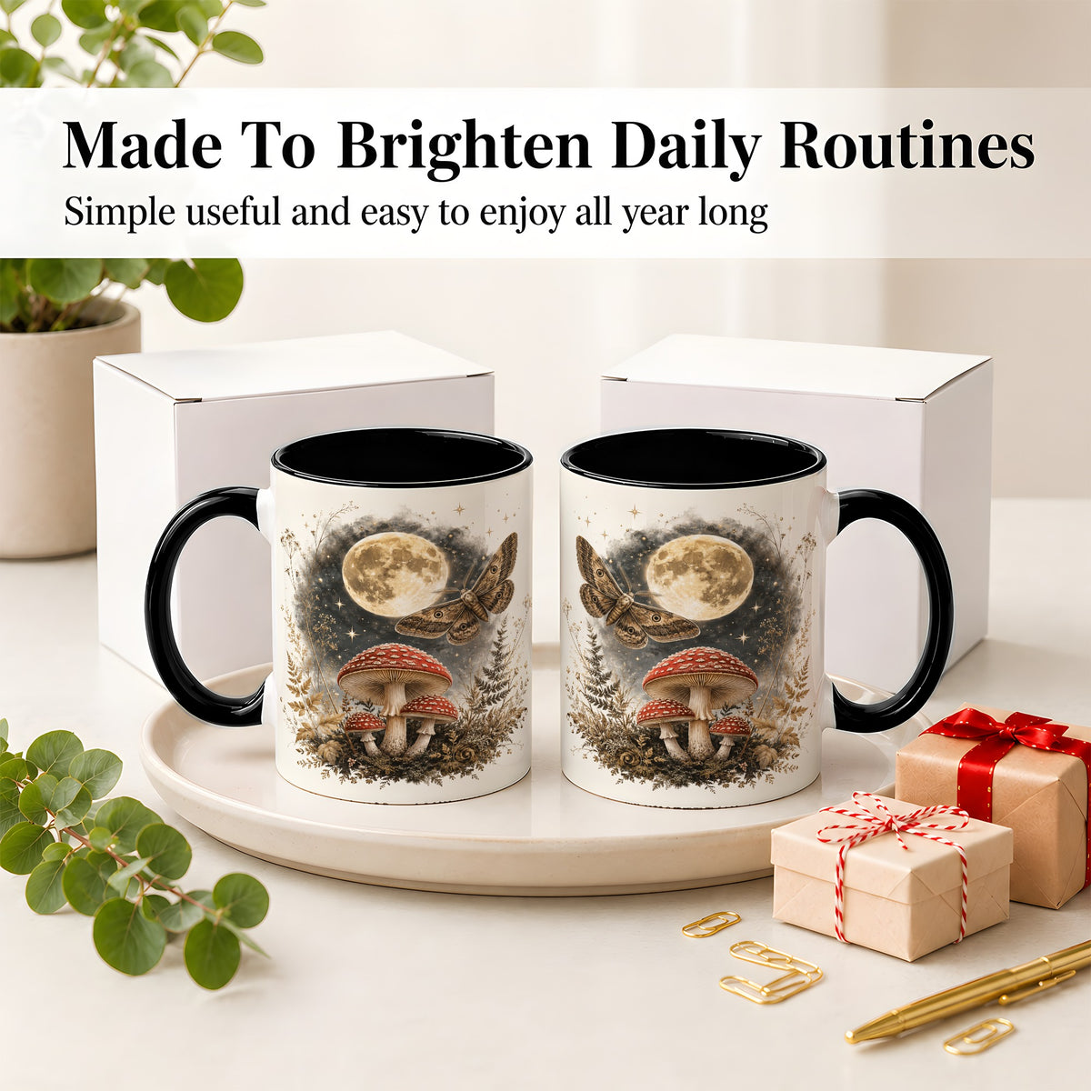 #pl[11oz|Black] Moon Moth Mushroom Ceramic Mug, Dark Botanical Art for Nature Fans