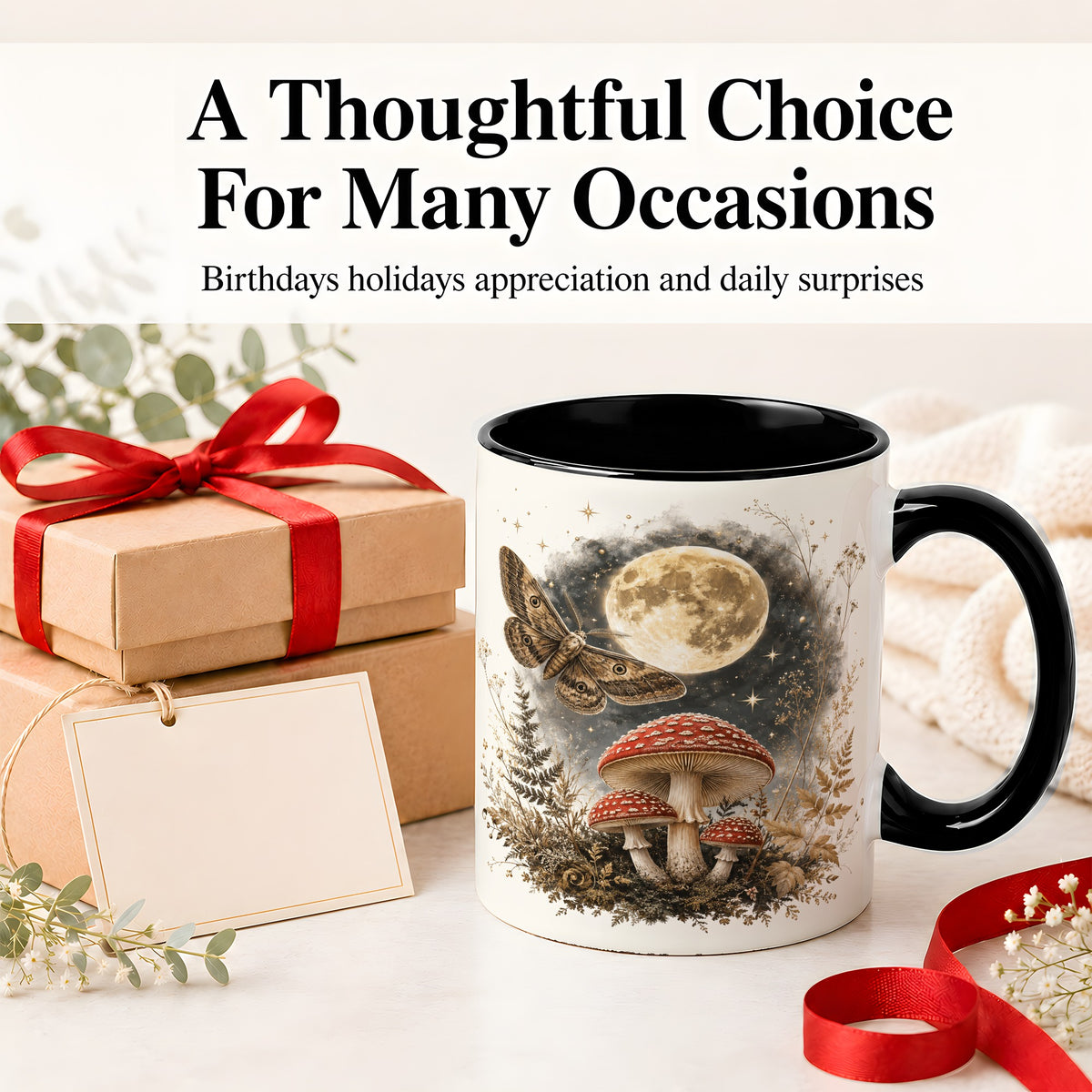 #pl[11oz|Black] Moon Moth Mushroom Ceramic Mug, Dark Botanical Art for Nature Fans