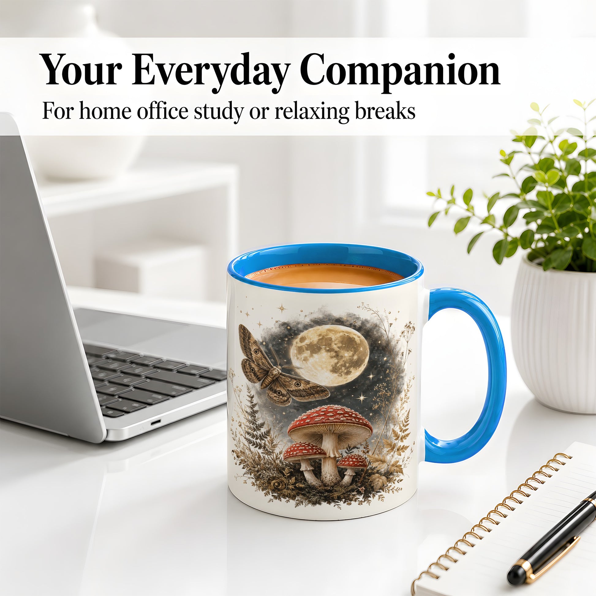 #pl[11oz|Blue] Moon Moth Mushroom Ceramic Mug, Dark Botanical Art for Nature Fans