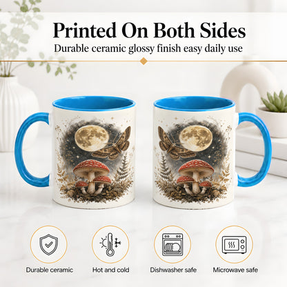 #pl[11oz|Blue] Moon Moth Mushroom Ceramic Mug, Dark Botanical Art for Nature Fans