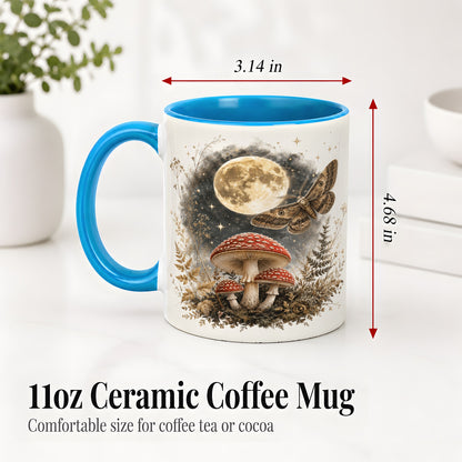 #pl[11oz|Blue] Moon Moth Mushroom Ceramic Mug, Dark Botanical Art for Nature Fans