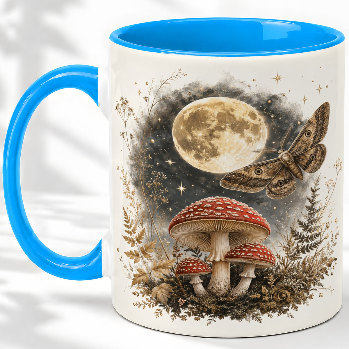 #pl[11oz|Blue] Moon Moth Mushroom Ceramic Mug, Dark Botanical Art for Nature Fans