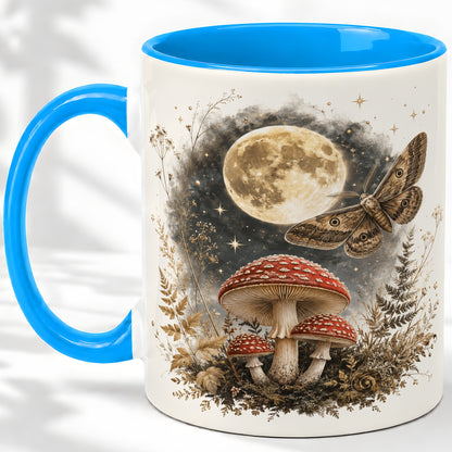 #pl[11oz|Blue] Moon Moth Mushroom Ceramic Mug, Dark Botanical Art for Nature Fans