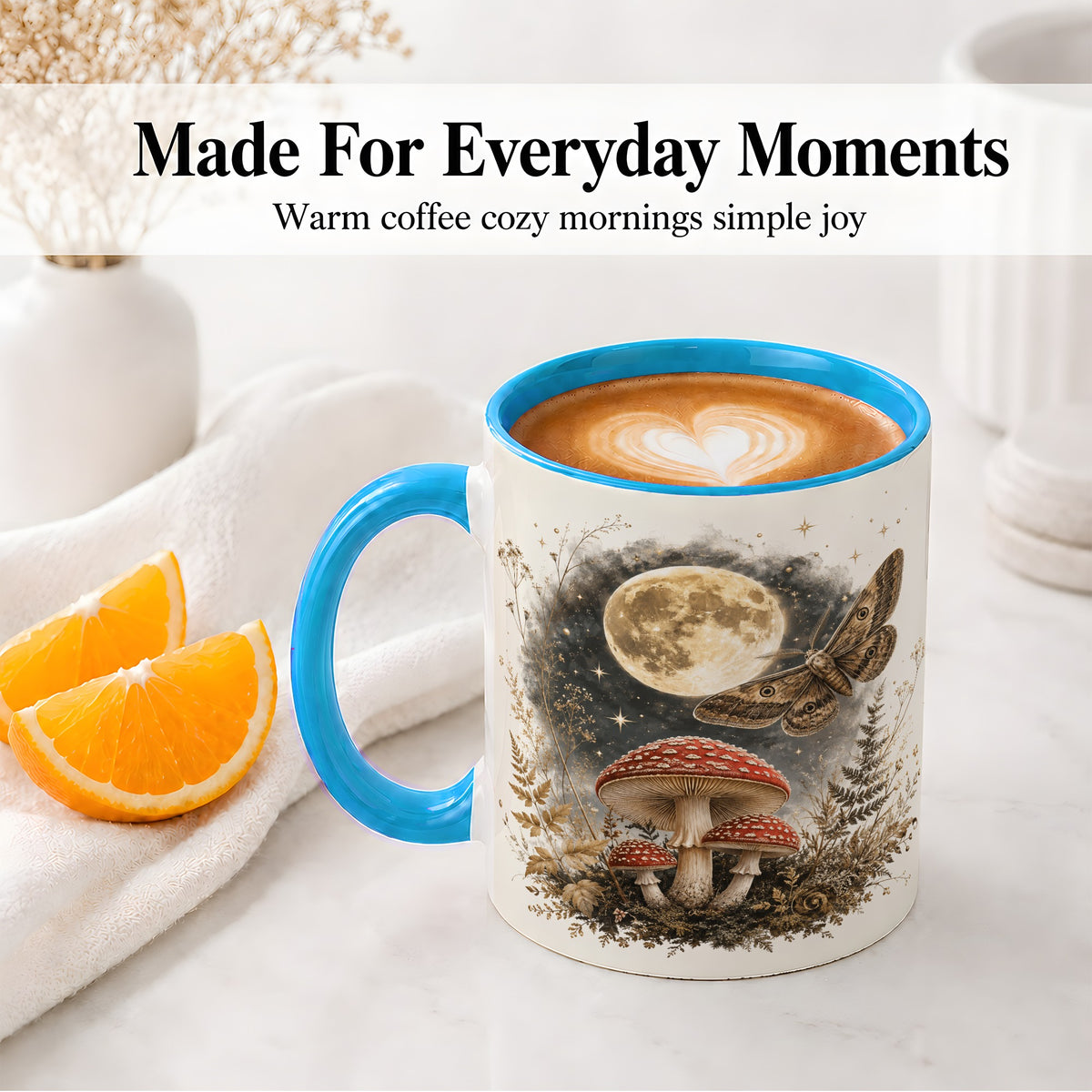 #pl[11oz|Blue] Moon Moth Mushroom Ceramic Mug, Dark Botanical Art for Nature Fans