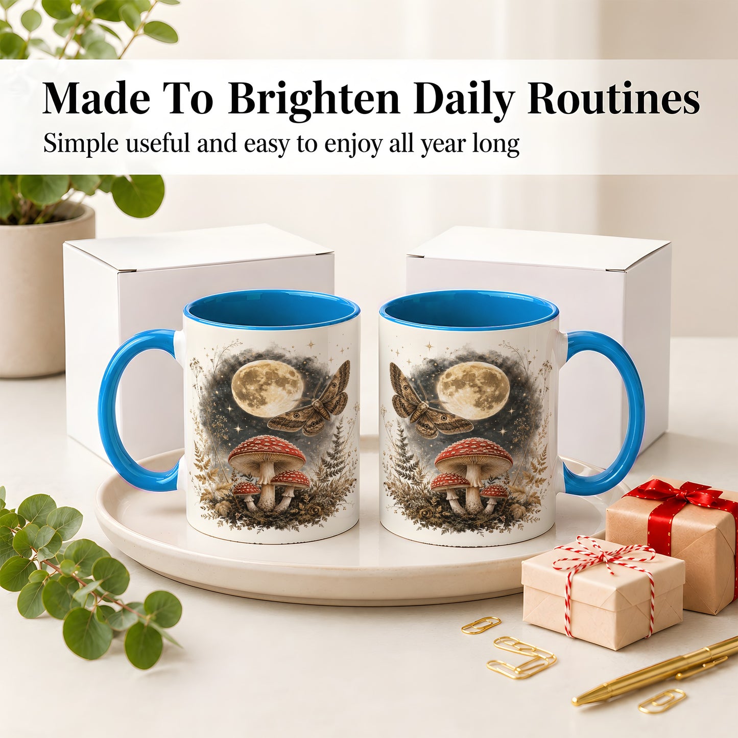 #pl[11oz|Blue] Moon Moth Mushroom Ceramic Mug, Dark Botanical Art for Nature Fans