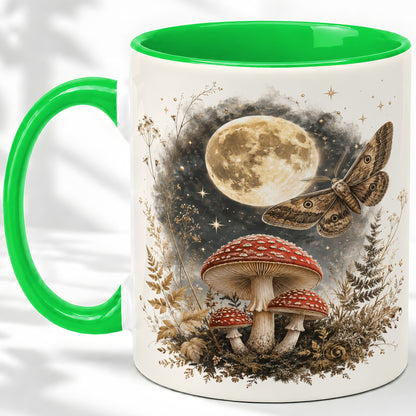 #pl[11oz|Green] Moon Moth Mushroom Ceramic Mug, Dark Botanical Art for Nature Fans