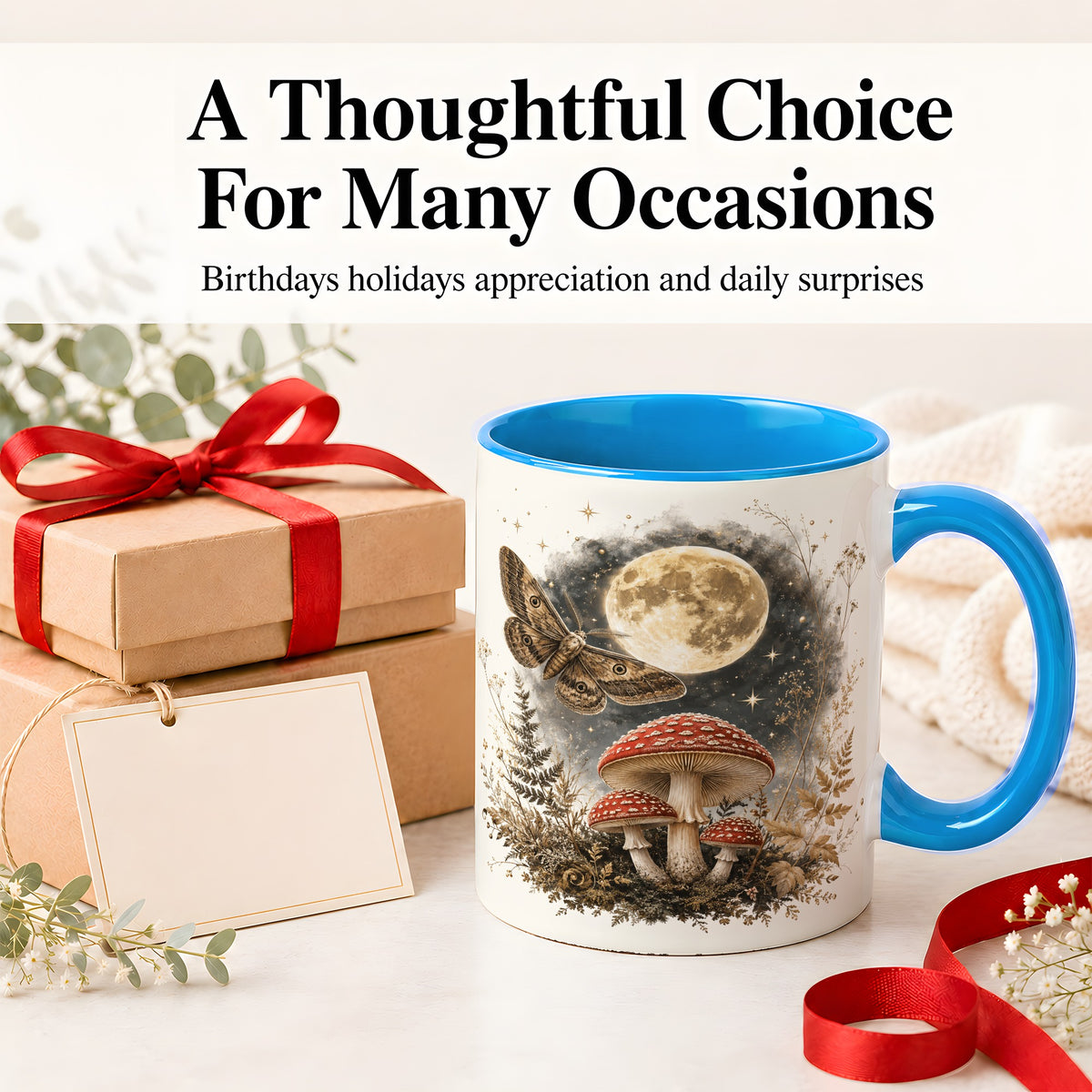 #pl[11oz|Blue] Moon Moth Mushroom Ceramic Mug, Dark Botanical Art for Nature Fans