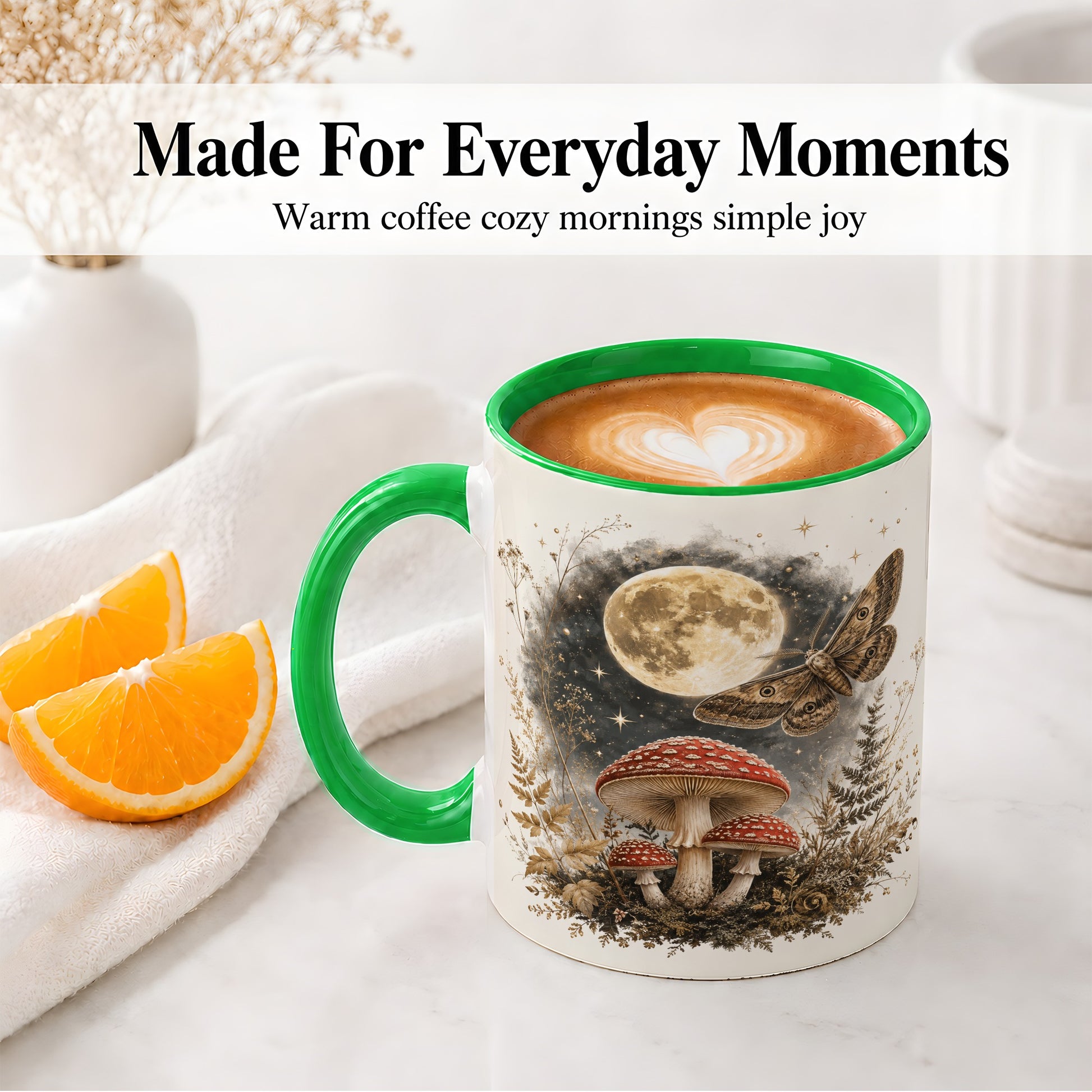 #pl[11oz|Green] Moon Moth Mushroom Ceramic Mug, Dark Botanical Art for Nature Fans