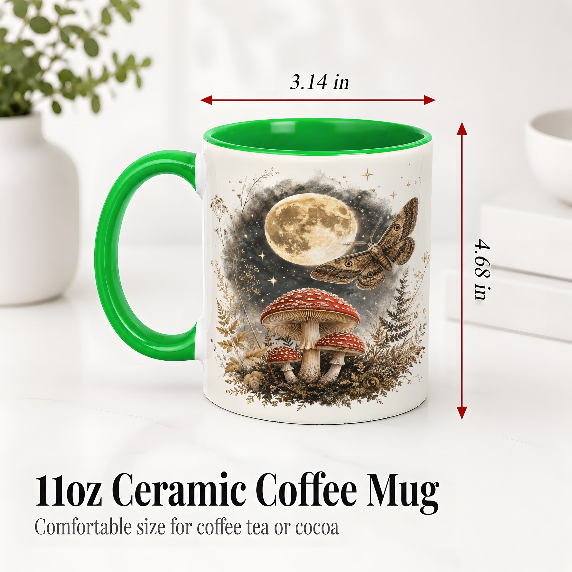 #pl[11oz|Green] Moon Moth Mushroom Ceramic Mug, Dark Botanical Art for Nature Fans