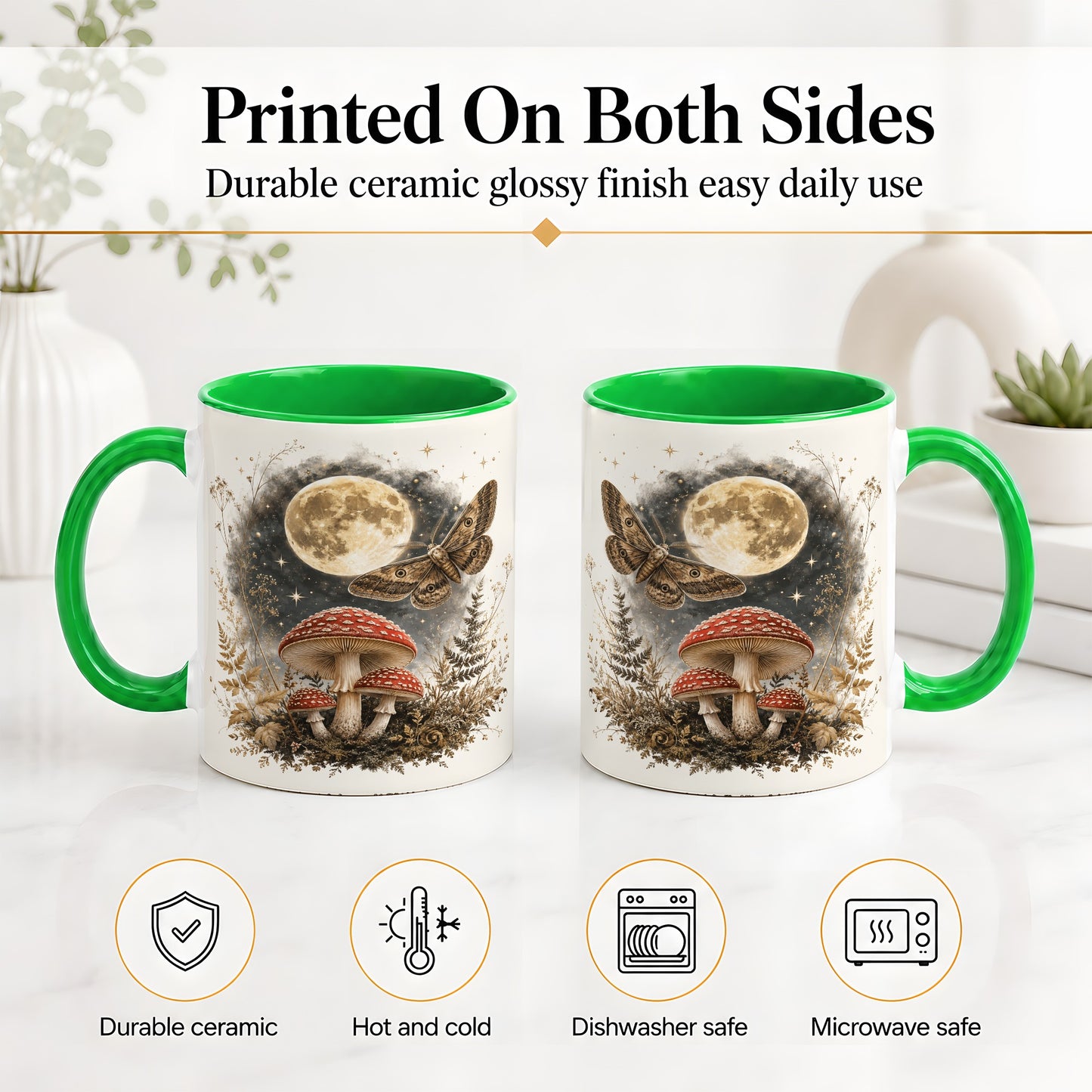 #pl[11oz|Green] Moon Moth Mushroom Ceramic Mug, Dark Botanical Art for Nature Fans